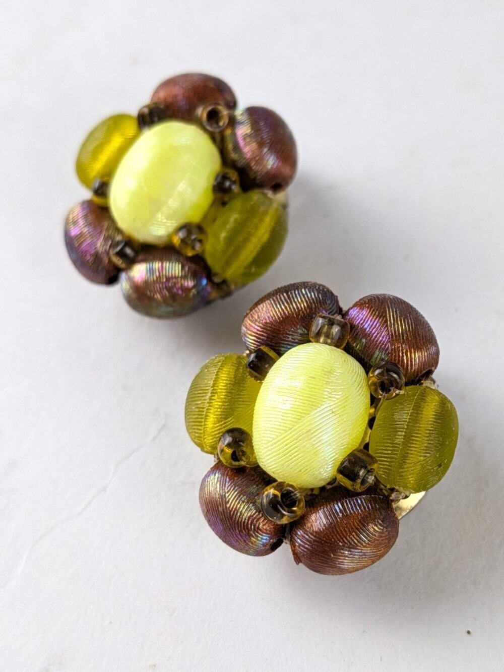 Vintage Iridescent Brown & Lime Green Beaded Clip-On Earrings